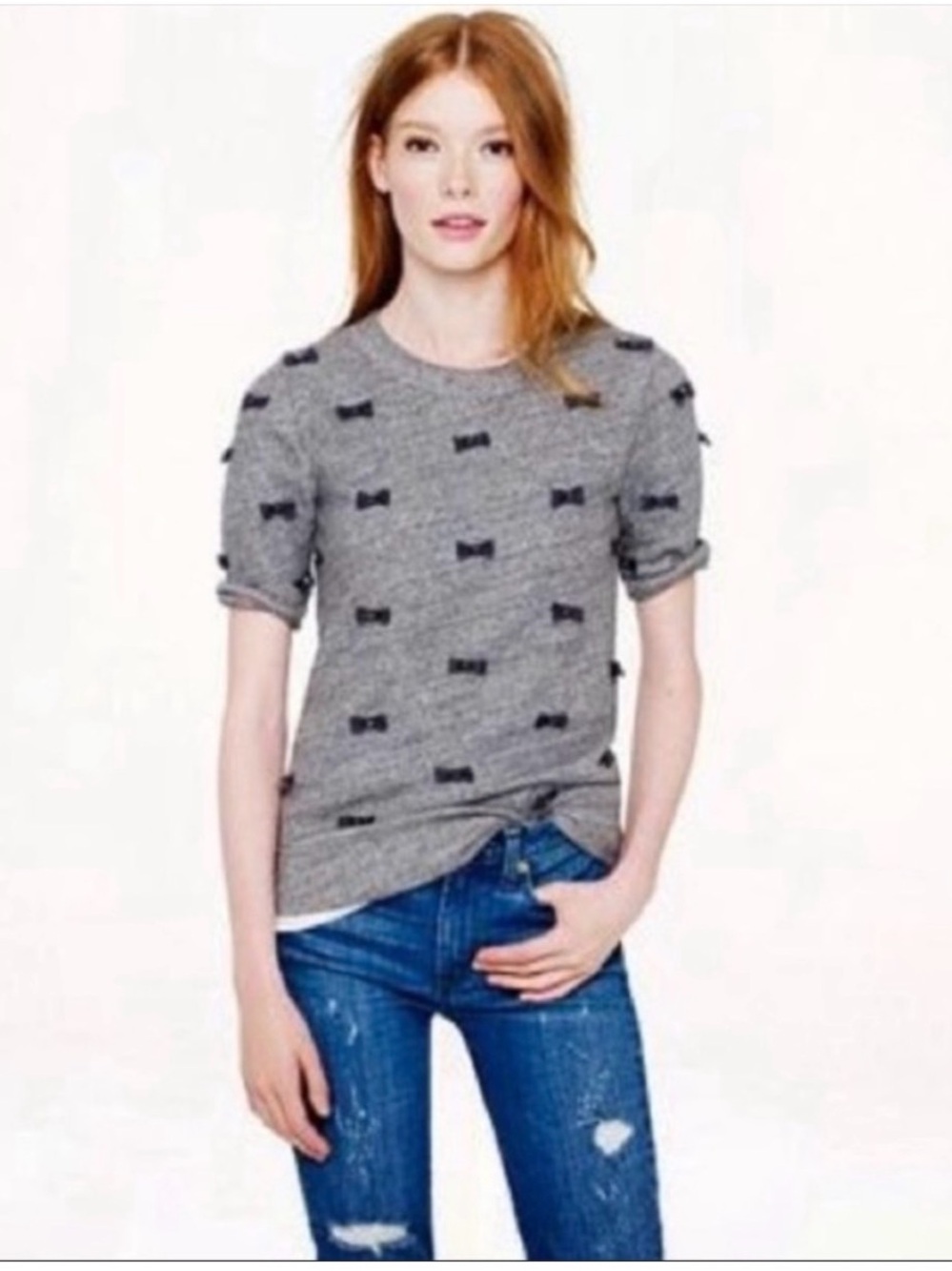 J. Crew Gray Short-Sleeve Sweater with Black Bow Motif